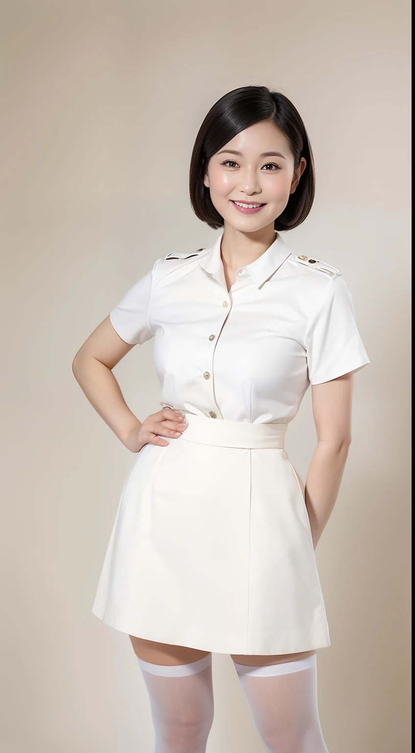 Masterpiece,Best quality, (maam. clerk:1), ((Portrait:1.3)), Cross arms, White shirt ， Smile，Skirt that wraps hips，Long legs，skin hyper-detail，Clear pores，in a panoramic view，Cocked buttocks，black lence stockings，Beautiful young Japanese woman,  Perfect fa...