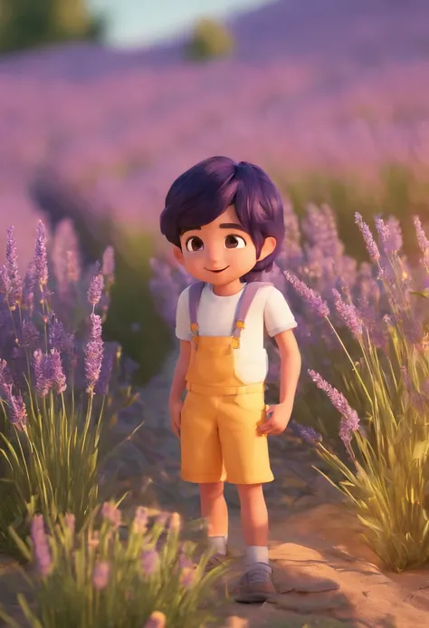 1 boy, lavender field, sunny, black hair