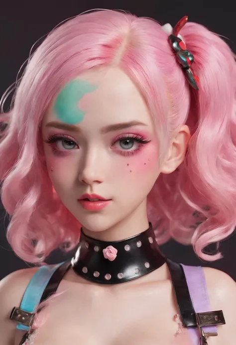 Y2K style，Candy color outfit，Close-up of a 17 year old girl with pink hair, kawaii decora rainbowcore, decora inspired, and Y2K cute clown core, Beautiful and detailed Delphine, full armour，Wear matching clothing, anime vtuber full body model, complete bod...