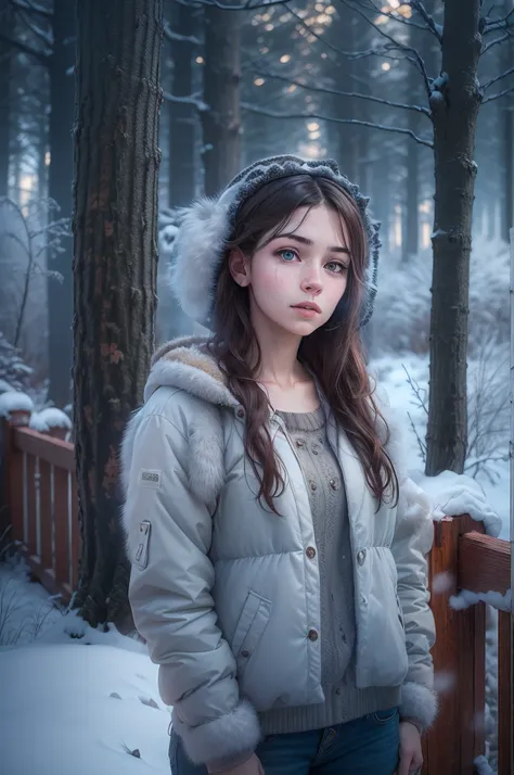 1girl, 18 years, mix4, (8K, RAW photo, Best Quality, Masterpiece:1.2), (Realistic, Photorealistic:1.37), winter, house in the forest