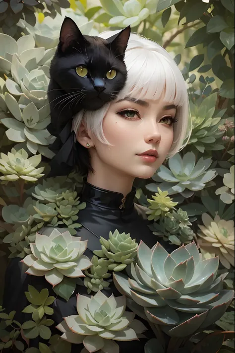 Lady Susu_jpg with short white hair succulent plant and black cat yin yang symbol