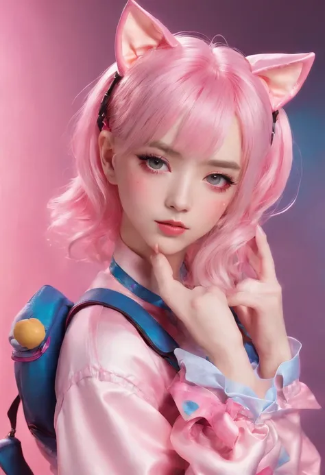 Y2K style full-body photo，Headphones with cat ears，Wear candy-colored clothing，Close-up of a 17 year old girl with pink gradient hair, kawaii decora rainbowcore, decora inspired, and Y2K cute clown core, Beautiful and detailed Delphine, full armour，Wear ma...