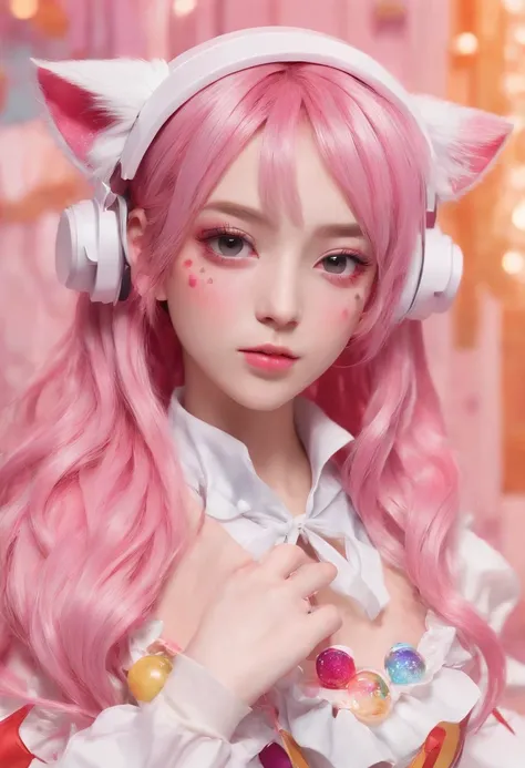 Y2K style full-body photo，Headphones with cat ears，Wear candy-colored clothing，Close-up of a 17 year old girl with pink gradient hair, kawaii decora rainbowcore, decora inspired, and Y2K cute clown core, Beautiful and detailed Delphine, full armour，Wear ma...