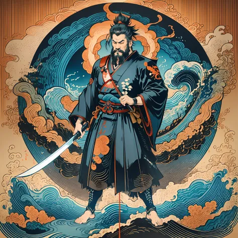 It is a full-body painting with natural colors with Katsushika Hokusai-style line drawings. The swordsman Miyamoto Musashi has a big body like a strongman. Samurai of Japan. With a dignified but manly expression of determination, he confronts evil spirits....