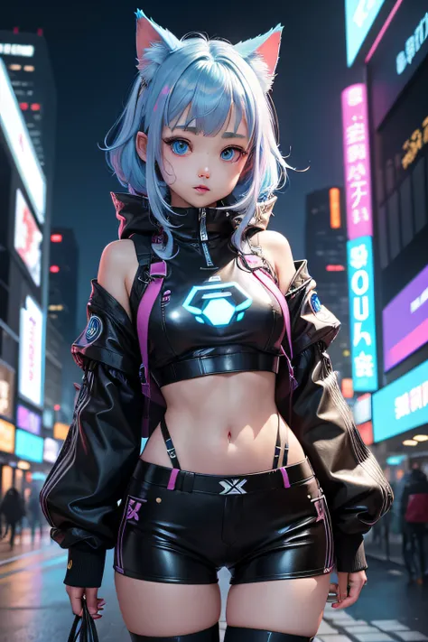 Futuristic cat-eared girl character、Draw Aimira。She has neon blue eyes.、Wearing cyberpunk-inspired accessories。Clothing is made of hologram material、It is designed in the image of IT technology.。The expression is curious、Please express a cheerful and energ...