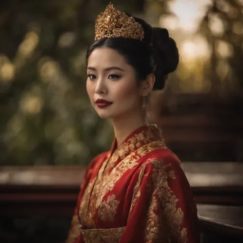 Beautiful young Japanese empress with black hair and golden eyes wearing a red and gold dress with large boobs