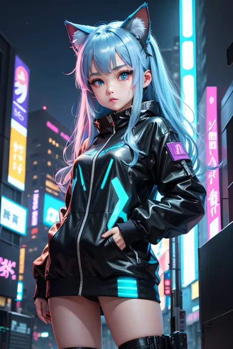 Futuristic cat-eared girl character、Draw Aimira。She has neon blue eyes.、Wearing cyberpunk-inspired accessories。Clothing is made of hologram material、It is designed in the image of IT technology.。The expression is curious、Please express a cheerful and energ...