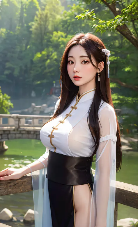 upper body,masterpiece, best quality,(photorealistic:1.4), highres, long hair, jewelry hairpin, large breast, riverside and rock or temple or bridge,
hanstyle, han clothing, hanfu, see-through,