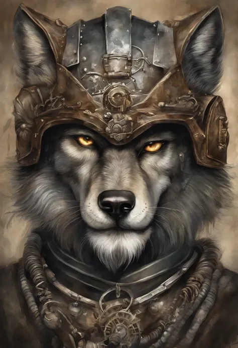 HighestQuali, Dramatic lighting, menacing posture, Fierce expression, Epic atmosphere, (((Wolf head shaped helmet))), (((Full body shot))),Wolves made of metal, Cyborg, Cyberpunk Style, Clockwork, ((Intricate details)), hdr, ((Intricate details, ultra - de...