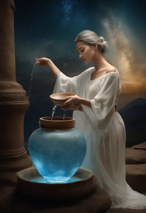 Shoulder to shoulder、Beautiful woman holding big ceramic jar, (Tilting an earthenware jar without a lid、Woman throwing away water:1.2), Pottery jars,Falling water becomes a waterfall, Holding a jar、Woman in white robe, Light blue hair, Very beautiful maide...