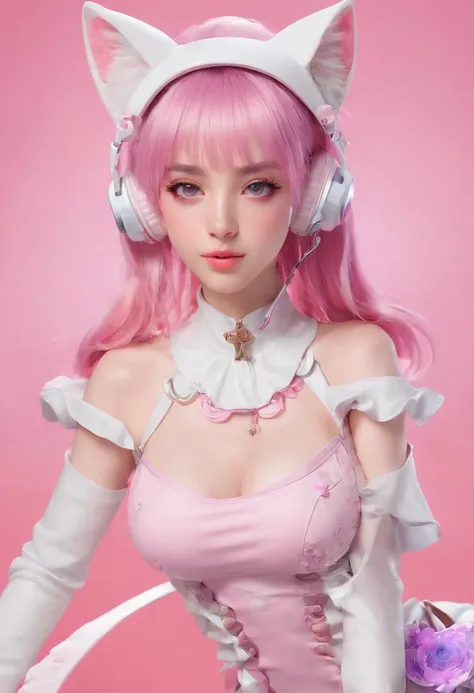 Y2K style full-body photo，Over-ear cat ear headphones，sense of science and technology，Wear candy-colored clothes，A close-up of a 17-year-old girl，Pink gradient hair, kawaii decora rainbowcore, decora inspired, and Y2K cute clown core, Beautiful and detaile...