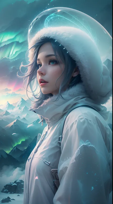 Estilo modelshoot, (fondo de pantalla CG 8k extremadamente detallado),Perssonage Cyber Punk [Snowy mountain landscape with fog：Transparent ethereal girl，snow mountains：0.33] Immerse yourself in the beautiful aurora，Vive en las nubes del cielo estrellado，Be...