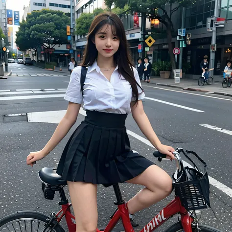 top-quality、8k picture、1 Japan schoolgirl、Beautiful facial features、A detailed eye、Detailed pupils、slenderbody、student clothes、a miniskirt、Straddling a bike、Urban roads、Shooting from front