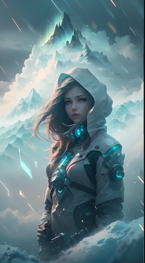 Estilo modelshoot, (fondo de pantalla CG 8k extremadamente detallado),Perssonage Cyber Punk [Snowy mountain landscape with fog：Transparent ethereal girl，snow mountains：0.33] Immerse yourself in the beautiful aurora，Vive en las nubes del cielo estrellado，Be...