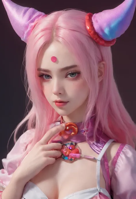 Y2K style full-body photo，Over-ear cat-ear headphones，Esports wind&sense of science and technology，Dressed in a candy-colored collection，A close-up of a 17-year-old girl，Pink gradient hair, kawaii decora rainbowcore, decora inspired, and Y2K cute clown cor...