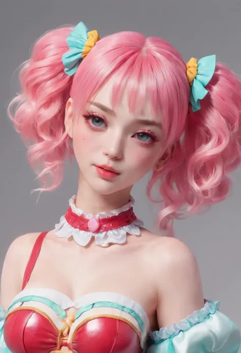 Y2K style full-body photo，Over-ear cat-ear headphones，Esports wind&sense of science and technology，Dressed in a candy-colored collection，A close-up of a 17-year-old girl，Pink gradient hair, kawaii decora rainbowcore, decora inspired, and Y2K cute clown cor...