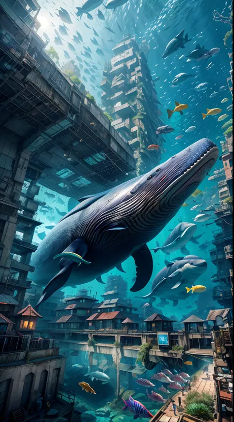 highres, shadows, absurdres, best_quality, ultra_detailed, 8k, extremely_clear, photograph, beautiful, sharp focus, hdr,
underwater, giant whale, fantastic location, dream, flying, underwater cyberpunk city