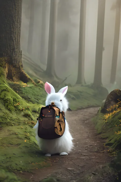 Classic negative portrait photo, fantasy video game character concept art, a cute white fluffy rabbit with a small brown leather backpack looking at a map hiking through the forest, dungeons and dragons, fantasy, river, haze, halo, Bloom, dramatic atmosphe...