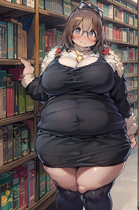 Huge library、1 librarian、One Woman、small round glasses、huge-breasted、(((((bbw))))),(((chubby)))、pantyshot 、 up skirt