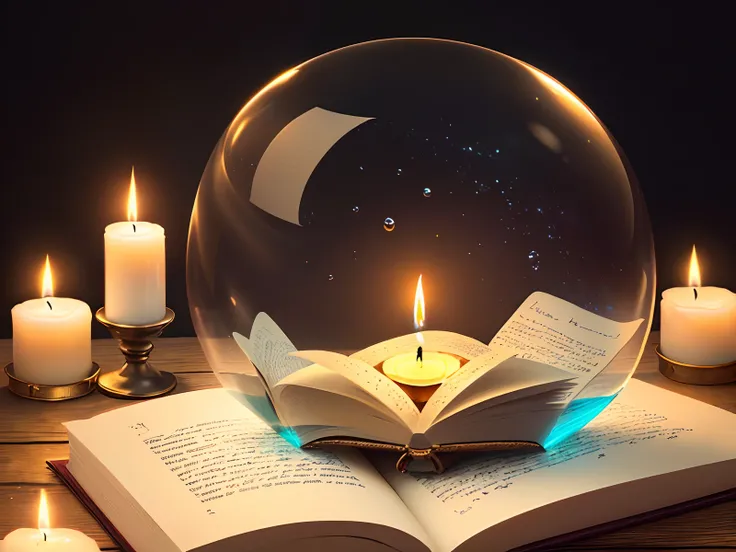 A frase; is written,  inside a water bubble in a small book on the table with a candlelight