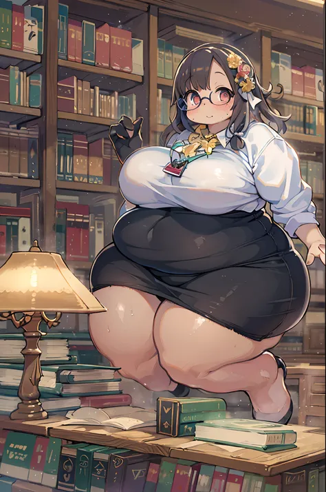 Huge library、1 librarian、One Woman、small round glasses、huge-breasted、(((((bbw))))),(((chubby)))、pantyshot 、 up skirt