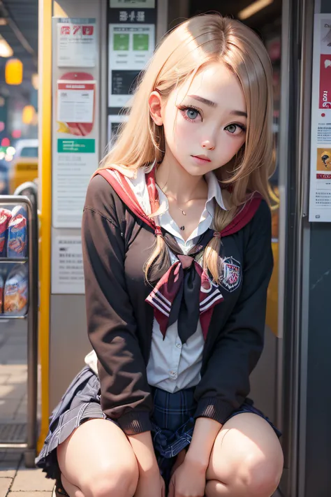 top-quality、8k picture、1 Japan schoolgirl、Beautiful facial features、A detailed eye、Detailed pupils、slenderbody、student clothes、a miniskirt、Squatting in front of a convenience store、Shooting from front