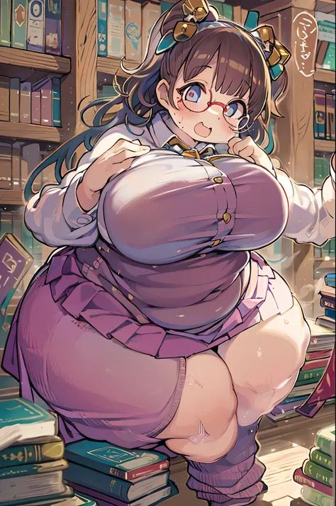 Huge library、1 librarian、One Woman、small round glasses、huge-breasted、(((((bbw))))),(((chubby)))、pantyshot 、 up skirt