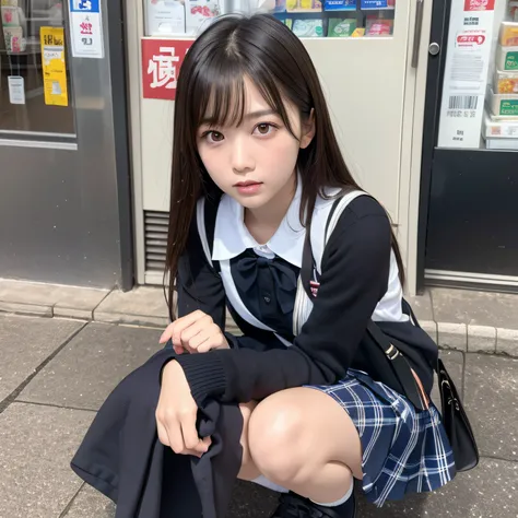 top-quality、8k picture、1 Japan schoolgirl、Beautiful facial features、A detailed eye、Detailed pupils、slenderbody、student clothes、a miniskirt、Crouching in front of a convenience store、Shooting from front