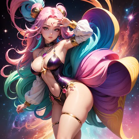 Close-up of a woman with colorful hair and necklace, anime girl with cosmic hair, The soft vitality of Rostus, Guvez style artwork, Fantasy art style, Colorful], vibrant fantasy style, Vibrant Ross Cartoon, cosmic and colorful, Guviz, Colorful digital fant...