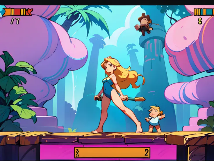 medium long shot of a 2D pixel style video game with a scantily clad blonde female amazon in skimpy clothes on a platform, she is wearing a primitive strapless jungle leotard thong, she has long wavy blonde hair, she has bare feet, beautiful feet, lo-fi re...