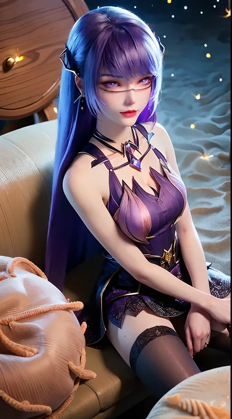 1 beautiful and sexy 20 year old girl, ((wearing a super purlpe dress:1.6)), ((a dress with diamonds:1.7)), ((long purple hair:1.6)), jewelry elaborately made from precious stones and beautiful hair, ((A thin red silk scarf covers half of the face:1.5)), (...