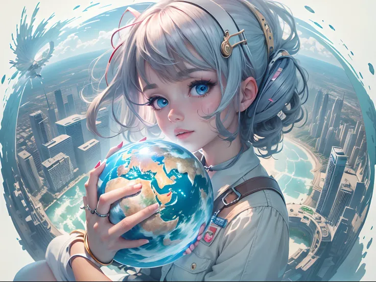 bit girl,Holding the blue planet in hand, Being in the air, Birds eye view, sci fi city, There is glare,