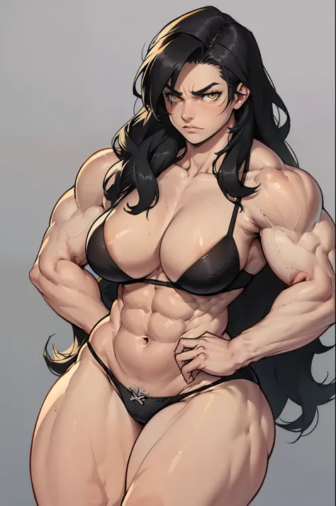 ((((((((muscular)))))))) ((thick thighs)) ((thin waist)) ((huge breasts)) ((wide hips)) ((curvy)) (1 girl) black hair yellow eyes very long hair pale skin angry simple background (bra panties)