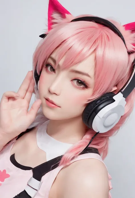 Close-up of a woman with pink hair wearing headphones, gaming headphone，headphones with cat ears，Anime girl cosplay, fully body photo，Anime cosplay, cosplay, Ayaka cosplay, Keqing from Genshin Impact, anime-inspired, zhongli from genshin impact, anime peri...