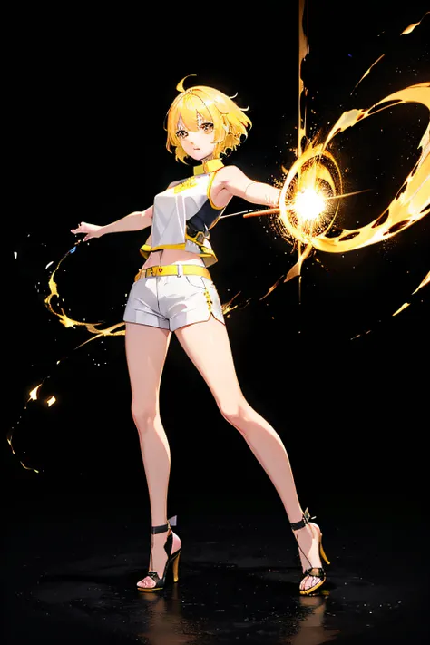 girl wearing sleeveless shirt combat pose, yellow hair, short hair, white shorts, yellow eyes, full body, tight fit, heels, lumine