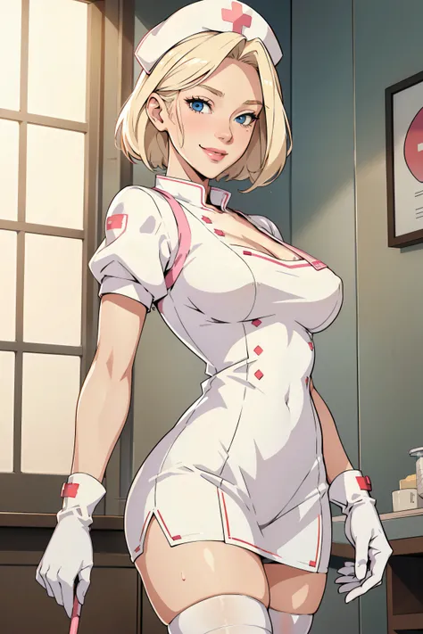 1woman, Nurse, nurse uniform, Nurse Cap, Whiteware, ((White legwear, zettai ryouiki)), White Gloves, Blonde hair, Blue eyes, pink lipsticks, Smile, Standing, sharp outline, Short sleeves, a mature female, 35 year old, Best Quality, masterpiece, infirmary, ...