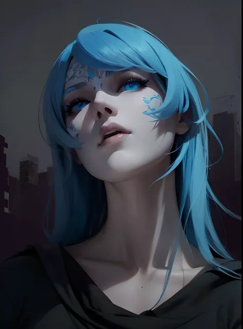 Woman, Porcelain White mask, Blue Hair, Medium sized hair, Intimidating, White Skin