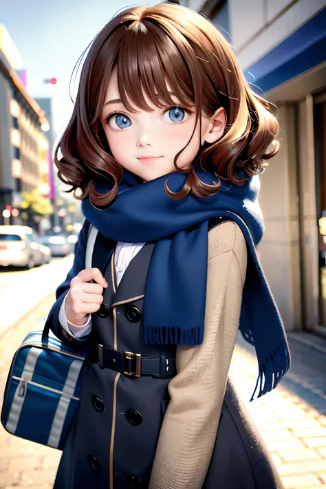 best quality, tmasterpiece, with curly brown hair, blueneyes, head looking up, The upper part of the body，Light-colored coat，Blue scarf，wearing school bag