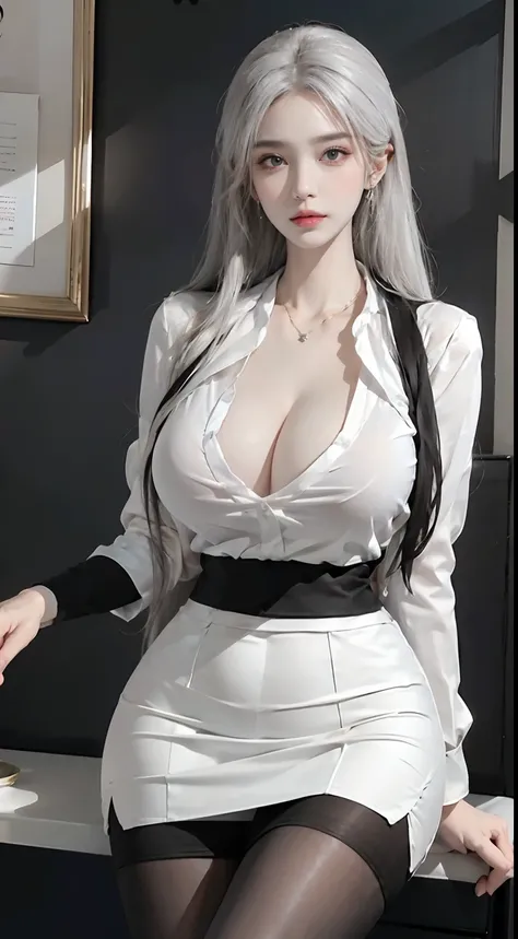 Photorealistic, high resolution, 1 woman, Solo, Hips up, Beautiful eyes, White long hair, Huge breast, bangle,Elegant necklace, elegant diamond earrings, Secretary uniform, White shirt, Black skirt, Black stockings