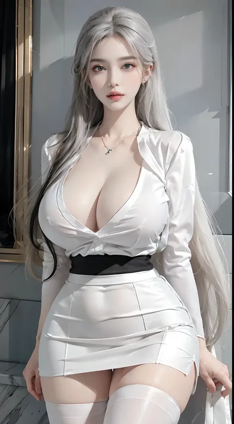 Photorealistic, high resolution, 1 woman, Solo, Hips up, Beautiful eyes, White long hair, Huge breast, bangle,Elegant necklace, elegant diamond earrings, Secretary uniform, White shirt, Black skirt, Black stockings