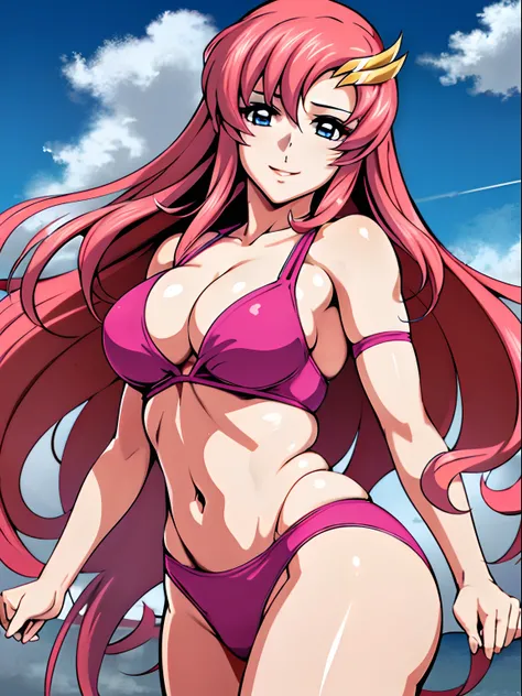 (masterpiece, upper body view, 4K, Best Quality, Anime style: 1.9, , tall, Adult Woman, ultra detailed face, (cloud background, wrestling), Drawing lines, high resolution, Anime, lacus4), 1girl, Solo, curvy figure, Long hair, 鎖骨, scapular, (Detailed wide h...