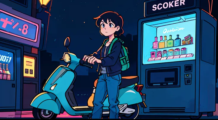 girl in her 20s, city background, vending machine (scooter), night, 80s,
(Best Quality: 0.8), (Best Quality: 0.8), Perfect Anime Illustration, Dark Unclear Face, Glowing Eyes