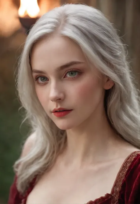 (((A deep red wound streaked across her left cheek))) Fair complexion, A woman around 19 years old, Natural gray hair, Unique green eyes, Wear Cole, Slender and graceful, Beautiful, F cup breasts，Half of the breasts are exposed，Candlelight in a medieval se...