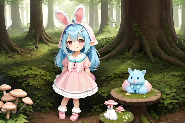 【Top image quality】Kawaii Girl　in woods　Forest creatures　bunny rabbit　dark circles　a squirrel　There is also a。There are also mushrooms。Eared rabbit　bare-legged　Cute white costume　Pink panthes　rabbitears　shortsleeves　Long light blue hair　Twin-tailed　A charm...