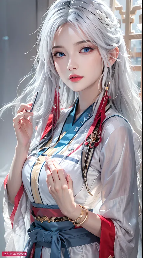 photorealistic, high resolution, soft lights, 1women, solo, hips up, blue eyes, white hair, long hair, blue eyes, red lips, jewelry, hanfu