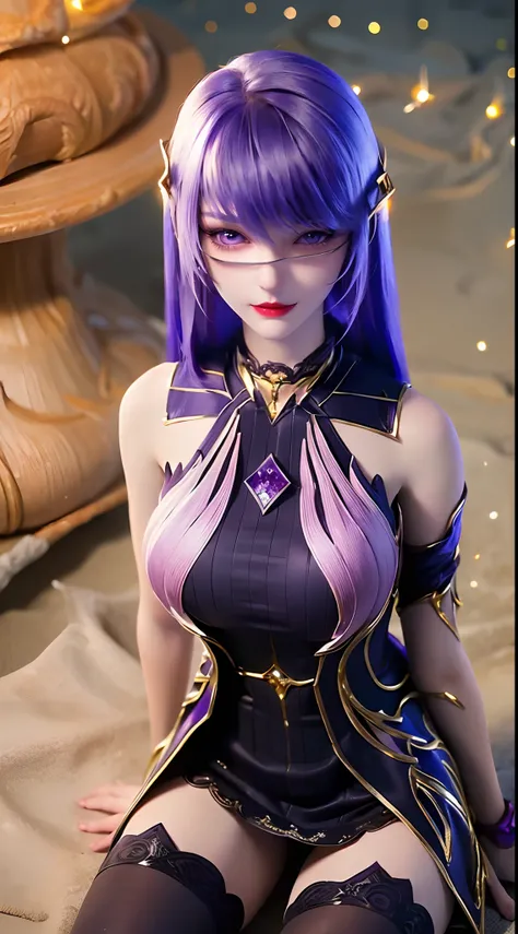 1 beautiful and sexy 20 year old girl, ((wearing a super purlpe dress:1.6)), ((a dress with diamonds:1.7)), ((long purple hair:1.6)), jewelry elaborately made from precious stones and beautiful hair, ((A thin red silk scarf covers half of the face:1.5)), (...