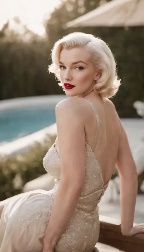 Marilyn Monroe，Wear erotic lingerie，Pose sexy seduction，Sitting by the pool，Full body photo，Silk slip dress，The skirt corner flew up，Cover your skirt，American street view，early evening，Backlight