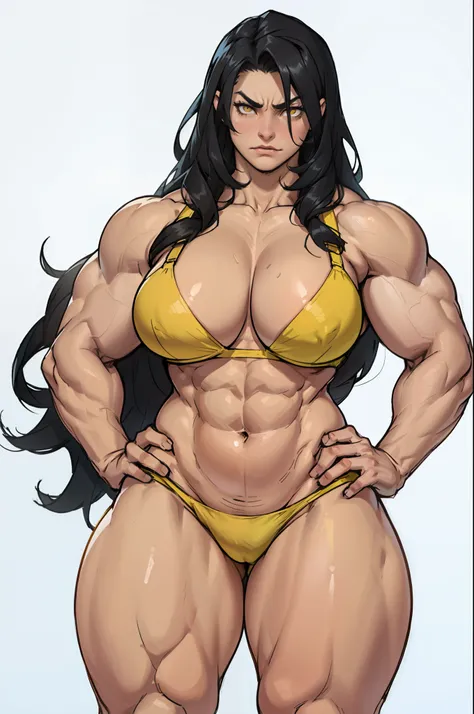 (((((((muscular))))))) (((thick thighs))) (((huge breasts))) (((wide hips))) (((curvy))) (((1 girl))) black hair yellow eyes very long hair pale skin angry simple background (bra panties)