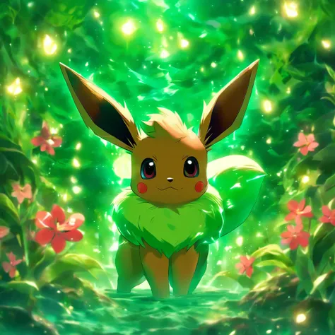 Eevee, sea-green in color with dark green spots, crimson eyes, and a large green flower bulb on back, masterpiece, best quality