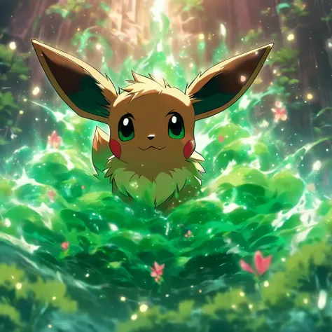 Eevee, sea-green in color with dark green spots, crimson eyes, and a large green flower bulb on back, masterpiece, best quality